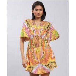 Label Ritu Kumar Camilla Mini Dress Women Yellow Psychedelic Boho Flutter Sleeve